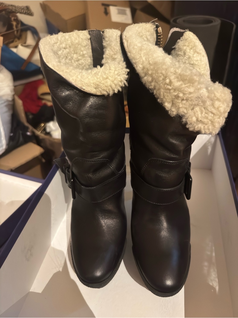 Burberry Black Leather Mid-Calf Shearling Boots